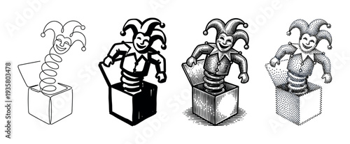 Set of four jack-in-the-box illustrations shows a smiling jester toy in various artistic styles, including one-line drawing, solid silhouette, detailed engraving, and stippling