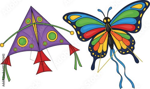 Colorful Kite and Butterfly Illustration for Spring Festival, Outdoor Fun, Nature Theme and Children Creative Flying Toy Vector Design