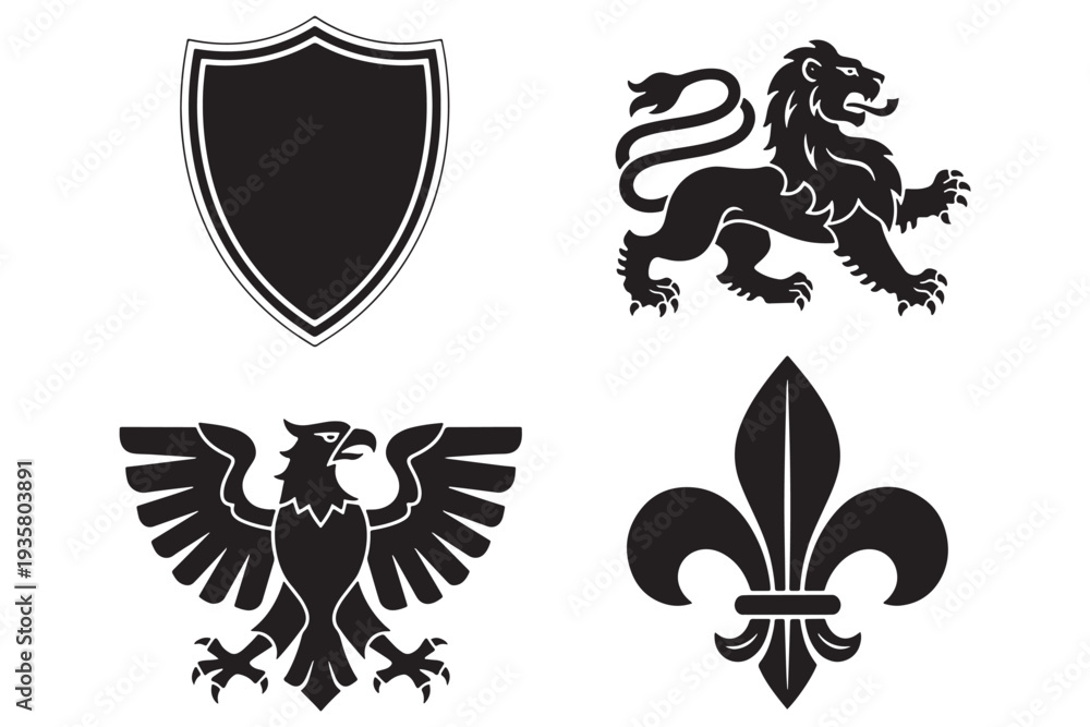 Obraz premium A collection of four black heraldic symbols on a white background