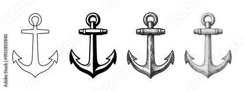 Four black and white ship anchors illustrated in a variety of artistic styles including line art, solid silhouette, vintage engraving, and stippling dotwork for a nautical theme