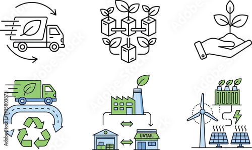 Set of sustainable logistics and renewable energy icons representing green shipping, recycling, industry, and solar power