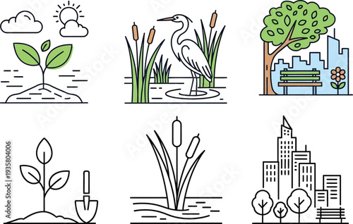 Eco-friendly city park and nature illustrations with birds and plants, representing green living and environmental sustainability