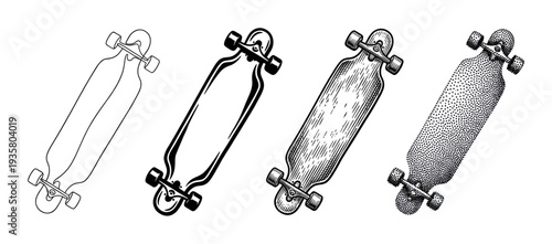 Four longboard skateboards in different artistic styles including line art, silhouette, engraving, and stippling, presented as a collection of black and white graphic illustrations