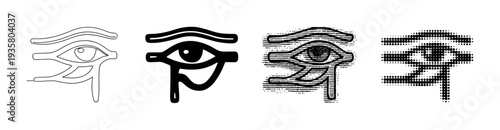 Four black ancient Egyptian Eye of Horus symbols shown in a set of different graphic styles, including line art, solid silhouette, distressed texture, and halftone dot pattern