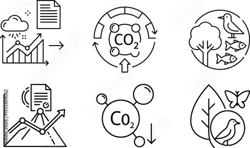 Vector Line Icons Illustrating Environmental Sustainability Strategies, Climate Risk Assessment, Carbon Footprint Management, and Ecosystem Impact Analysis