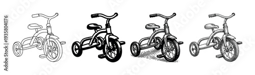 Set of four children's tricycles illustrated in different artistic styles including line art, silhouette, engraving, and stippling for a vintage, nostalgic feel