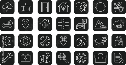 Automotive service and navigation line icons set including car repair, parking, location, road, battery, security and eco transport symbols