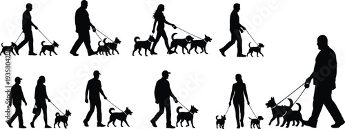 People walking dogs silhouette collection, dog walker with pets, animal walking scenes, pet owner lifestyle, black silhouette vector set