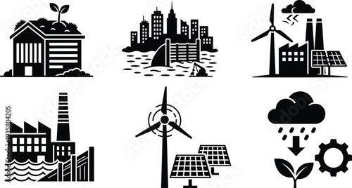 Sustainable Energy and Urban Development Icons A Collection of Eco-Friendly Solutions and City Growth Graphics