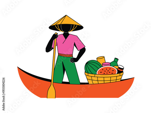 Vendor in conical hat paddles boat filled with fresh fruit and drinks