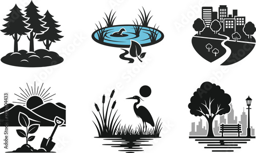 Ecological icons representing nature, cityscapes, and urban planning, symbolizing environmental awareness and sustainable development for green initiatives and conservation efforts