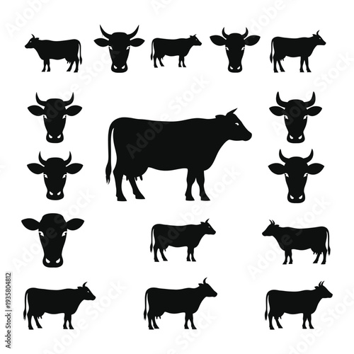 Silhouettes of cows in various poses and sizes