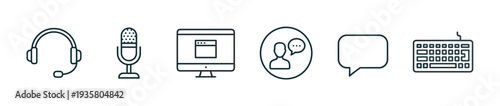 Modern set of thin line icons representing customer support and online communication with a headset, microphone, monitor, chat bubble, and keyboard symbols