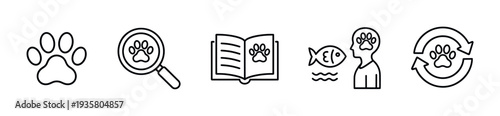 Set of five black minimalist line icons for pet care services, featuring a paw print, search glass, information book, animal psychology symbol, and a routine cycle arrow