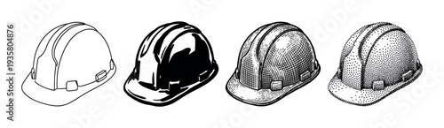 Set of four construction hard hats illustrated in various black and white graphic styles, including line art, silhouette, engraving, and stippling for safety concepts