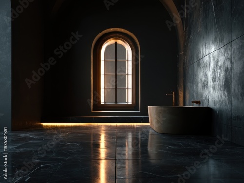 Dark marble floor reflects warm window light. Arched window frames golden glow. Modern freestanding tub rests beside wall. Subtle underfloor lighting enhances ambiance. Minimalist bathroom design