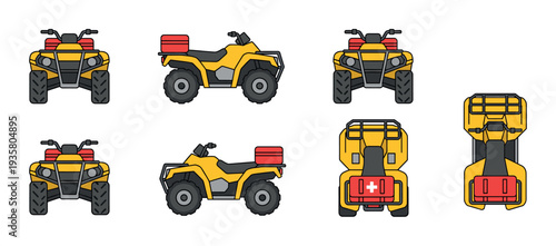 Yellow all-terrain vehicle icon set showing the quad bike from front, side, and top-down perspectives in a flat vector illustration style for transport or off-road concepts