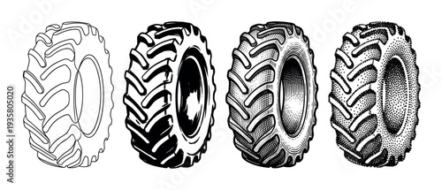 Set of four heavy-duty tractor tires illustrated in various graphic styles, from simple line art to detailed hatching and stippling for a vintage hand-drawn look