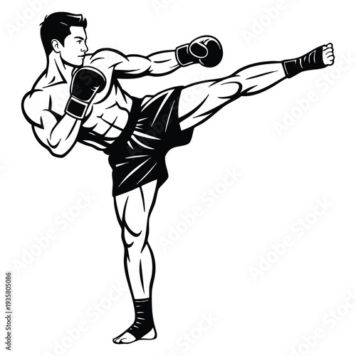 Kickboxing pose martial arts athlete with muscular body athletic build performing powerful strike training competition and action themed design