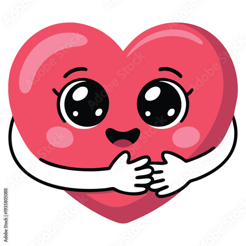 Kawaii heart with embracing arms love yourself cute cartoon heart character hug vector illustration symbolizing self care and happiness