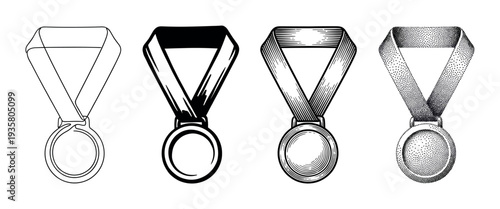 Four blank award medals with ribbons presented in a collection of artistic styles from simple outline and solid silhouette to detailed engraving and dotwork