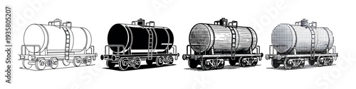 Set of four railway tank cars illustrated in different graphic styles including line art, silhouette, engraving, and halftone dot pattern for a retro industrial design concept