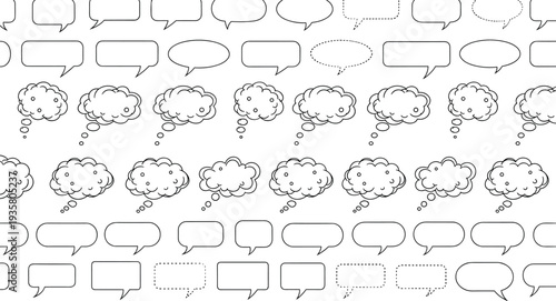 Speech bubbles collection, thought cloud designs, cartoon faces, comic elements, dialogue shapes, abstract outlines, communication icons, graphic illustration, creative artwork