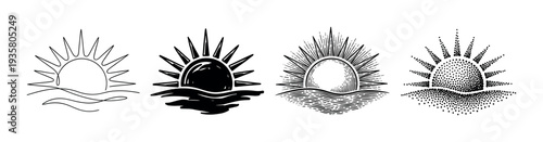 Collection of four sun and sea icons rendered in diverse graphic styles like minimalist line art, vintage engraving, stippling dotwork, and bold woodcut print