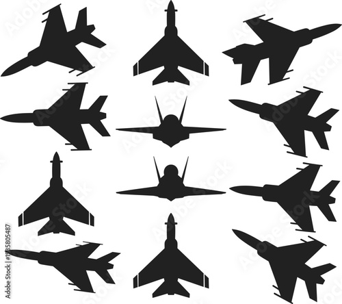 fighter jet silhouette set, military aircraft top view collection, combat airplane vector icons, aviation defense illustration