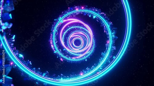 Colorful spiral tunnel with glowing neon lights and crystal-like structures. A mesmerizing journey through a digital universe, evoking feelings of wonder and exploration