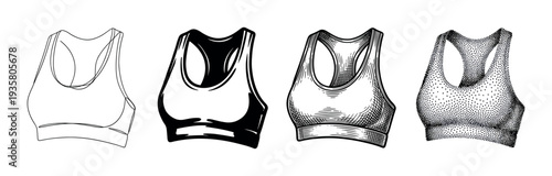 Set of four sports bra illustrations in different artistic styles including line art, graphic silhouette, vintage engraving, and modern stippling for activewear concepts