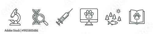 Collection of minimalist black outline icons for science, veterinary, and ecological concepts, including a microscope, DNA, syringe, paw print, fish, and book symbols