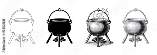 Set of four cauldron illustrations over a fire, depicted in various artistic styles including outline, silhouette, detailed engraving with steam, and a halftone dot pattern