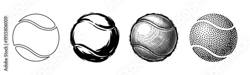 Set of four tennis balls illustrated in various artistic styles including simple line art, rough brush stroke, vintage engraving, and modern dotwork for sports design