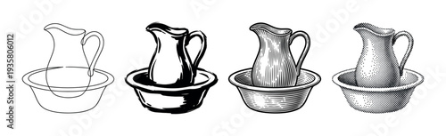 Set of four black and white pitcher and basin illustrations presented in various graphic styles like line art, ink sketch, vintage engraving, and retro halftone