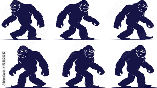 Bigfoot sasquatch silhouette vector set, mythical forest creature walking poses collection, cryptid monster illustration isolated, folklore legend character design bundle