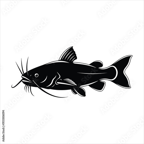 Black catfish silhouette, aquatic river animal vector graphic isolated