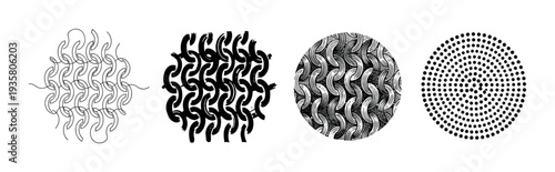 Four abstract black and white graphic patterns showcasing a variety of styles from continuous line art and bold brush strokes to detailed engraving and geometric halftone dots