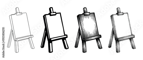 Four black and white artist easels illustrated in a variety of graphic styles, including line art, bold icon, vintage engraving, and modern stippling for creative concepts