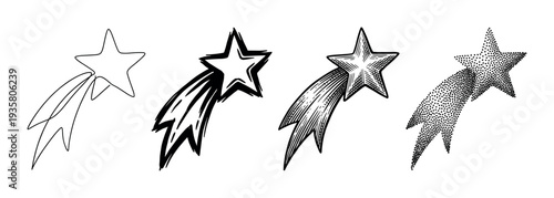 Set of four hand-drawn shooting stars in various artistic styles, including simple outline, bold brushstroke, detailed engraving, and dotwork stippling for a graphic design collection