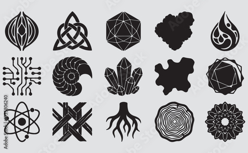 This image is a collection of abstract symbols and icons often used for graphic design, branding, or supernatural/philosophical themes. speech bubble comic
