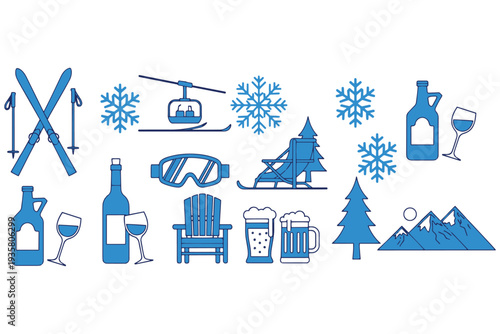A collection of blue icons representing winter sports and leisure activities
