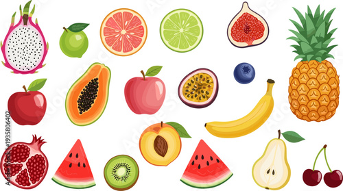 Colorful Tropical Fruit Icon Set Featuring Dragon Fruit, Papaya, Apple, Pineapple, Banana, Watermelon, Pomegranate, Kiwi and Citrus for Healthy Food Design