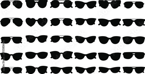 Sunglasses silhouette collection, fashion eyewear icons, trendy glasses shapes, aviator frames, cat eye, round, heart, rectangular styles, stylish accessory design