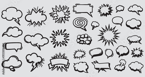 The image features a collection of various comic speech bubbles and thought balloons, which are graphical elements used in comics and cartoons to represent dialogue or thoughts. speech bubble comic