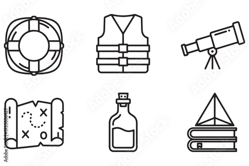 A collection of nautical icons including a life preserver, life jacket, telescope, treasure map, bottle, and sailboat on books.