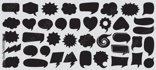 The image displays a large collection of black vector speech and thought bubbles in various shapes and styles. speech bubble comic