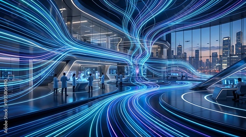 Futuristic high-tech medical research facility with scientists collaborating, glowing data streams, modern architecture, futuristic lighting, innovation, digital health, biotech lab concept