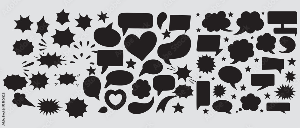 Fototapeta premium The image features a collection of black silhouettes representing various comic-style speech bubbles and dialogue boxes. speech bubble comic