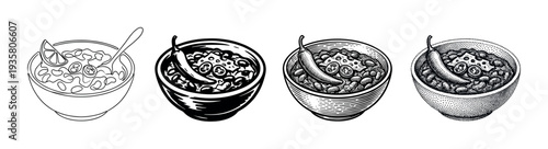 Four bowls of spicy chili con carne are presented in a collection of black and white illustrations showing various artistic styles from line art to detailed engraving and stippling